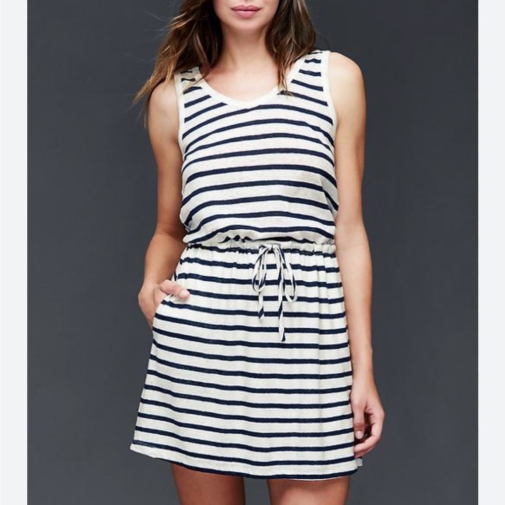 GAP Navy Blue and White Striped Linen Cotton Sleeveless Mini Dress Size‎ Small